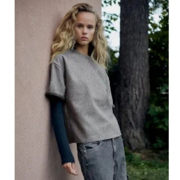 Zara Gray Short Sleeve Fleece Boxy Top M - Picture 1 of 6